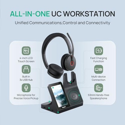 Yealink WH68 Workstation DECT Wireless Headset with 4" Touch Screen, 4 Mic Hybrid ANC, 606ft Range, All in One Workstation with Speaker, 3X USB Hub Office Headset for Desk Phone, Computer, Cellphone