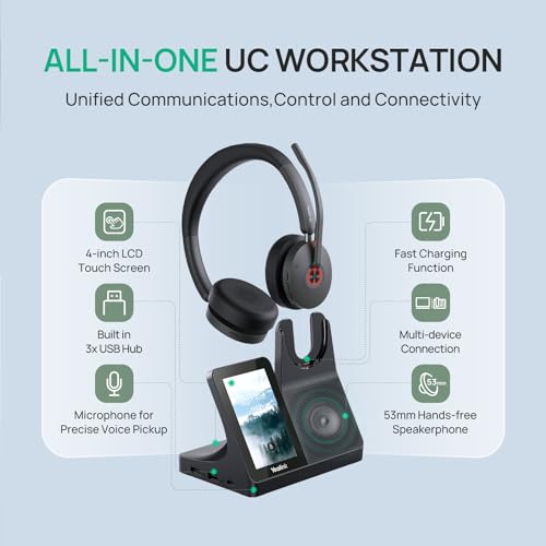Yealink WH68 Workstation DECT Wireless Headset with 4" Touch Screen, 4 Mic Hybrid ANC, 606ft Range, All in One Workstation with Speaker, 3X USB Hub Office Headset for Desk Phone, Computer, Cellphone
