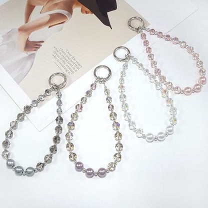 Sparkle Crystal Pearl Phone Wrist Strap for Women, Sparkling Beaded Cellphone Lanyard Chain - color: White