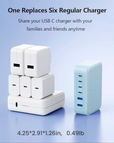 USB C Charger 200W USB Charging Block,6 Ports Foldable Wall Charger Outlet Plug,QC4.0 Fast Charging Station Hub,PD 65W Laptop Adapter for MacBook Pro/Air,Dell,iPhone 17/16/15,Galaxy (Light Blue) - color: Light Blue