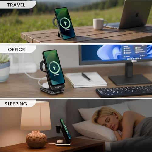 SUPERV 4 in 1 Wireless Charging Station: 5000mAh Removable Power Bank Foldable Charging Stand - Portable Magnetic Battery Pack for iPhone 17/16/15/14/13/12 Series and Apple Watch/AirPods (Black) - color: 4-in-1 Black