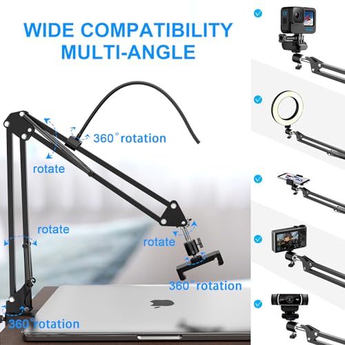 Overhead Camera Mount with Ring Light, 6‘’ Overhead Phone Mount Compatible with iPhone Camera Webcam, Articulating Arm Phone Mount for YouTube Live Stream Cooking Nail Video Recording