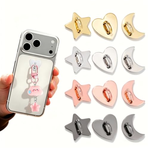 12Pcs Phone Charm Hook | Adhesive Metal Heart Star Moon Finger Rings Holder | Cute Kindle Charms Chain Loop Grip | Heavy Duty Tablet iPad Accessories for DIY Cell Phone Case Backpack Supplies