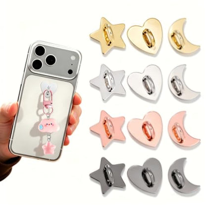 12Pcs Phone Charm Hook | Adhesive Metal Heart Star Moon Finger Rings Holder | Cute Kindle Charms Chain Loop Grip | Heavy Duty Tablet iPad Accessories for DIY Cell Phone Case Backpack Supplies