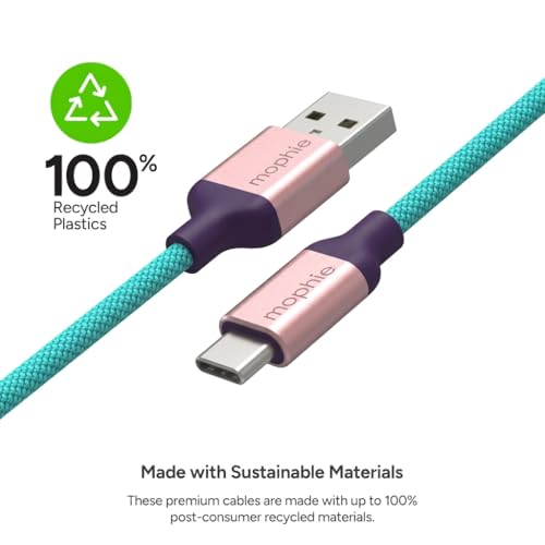 Mophie Charge Stream USB-A to USB-C 2.0 1m/3ft Cable - Premium Braided Nylon Charging Cord Compatible with iPhone 17/16/15, iPad Pro, MacBook, AirPods, Enduraflex Silicone, Teal/Purple/Pink - size: 3 feet, style: USB-A to USB-C Teal/Purple/Pink