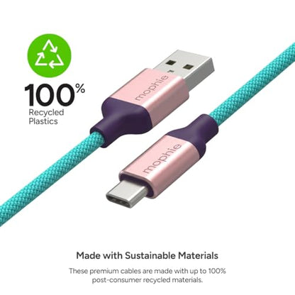 Mophie Charge Stream USB-A to USB-C 2.0 1m/3ft Cable - Premium Braided Nylon Charging Cord Compatible with iPhone 17/16/15, iPad Pro, MacBook, AirPods, Enduraflex Silicone, Teal/Purple/Pink - size: 3 feet, style: USB-A to USB-C Teal/Purple/Pink
