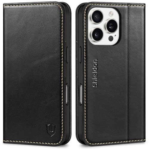 SHIELDON Real Leather Case Wallet for iPhone 16 Pro 6.3" 2024, Retro Black | Flip Magnetic Cover, RFID Blocking, Credit Card Slot, Kickstand, Book Design, Soft Shockproof Phone Shell - color: Retro Black