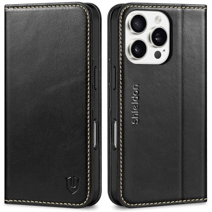 SHIELDON Real Leather Case Wallet for iPhone 16 Pro 6.3" 2024, Retro Black | Flip Magnetic Cover, RFID Blocking, Credit Card Slot, Kickstand, Book Design, Soft Shockproof Phone Shell - color: Retro Black