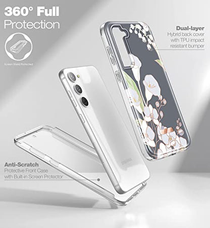 SURITCH for Samsung Galaxy S23 Plus Case, [Built-in Screen Protector] [Dual-Layer Protection ] Full Protection Shockproof Rugged Bumper Phone Cover for Samsung S23 Plus 6.6 Inch - White Calla Lily - color: White Calla Lily