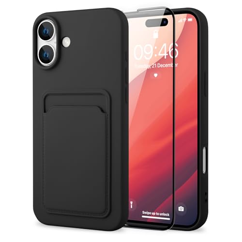 MZELQ Compatible with iPhone 16 Case Card Holder -Black | Wallet Cover,Camera Protection + Screen Protector Soft Card Slot Phone Case - color: Black, size: iPhone 16