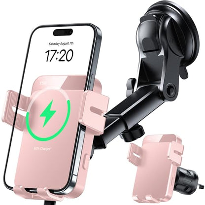 Wireless Car Charger 15W Auto Clamping Phone Holder Dash Windshield Vent - color: Pink