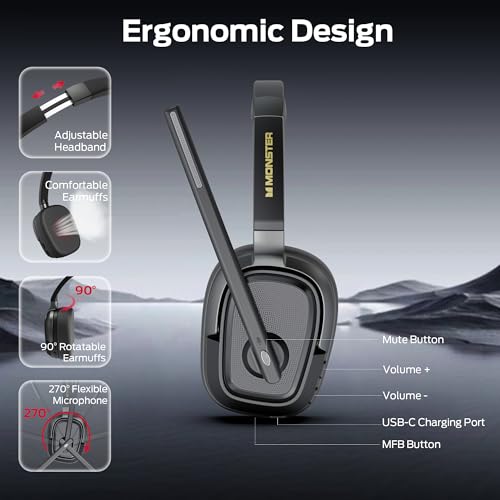 Monster VoiceLink 200 Wireless Headset with Mic for Work, Bluetooth V5.4 Headphones with AI Noise Cancelling Mic & USB Dongle, 60H Playtime & Mic Mute for Computer/Laptop/PC/iPhone/Android