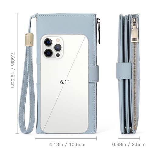 GAEKEAO Wallets for Women Leather RFID Blocking Large Capacity Card Case Ladies Wristlet Clutch Wallets Zipper Pocket with 4 ID Windows 20 Card Slots - color: Light Blue