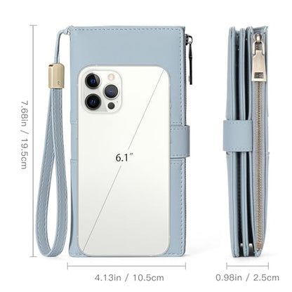 GAEKEAO Wallets for Women Leather RFID Blocking Large Capacity Card Case Ladies Wristlet Clutch Wallets Zipper Pocket with 4 ID Windows 20 Card Slots - color: Light Blue