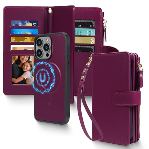 Magnetic Case for iPhone 16 Wallet Compatible with Magsafe RFID Blocking Card Holder Detachable Phone Cover Kickstand Snap Strap Zipper Pocket PU Leather 6.1 inch (Burgundy) - color: Burgundy, size: iPhone 16