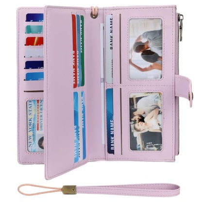 GAEKEAO Wallets for Women Leather RFID Blocking Large Capacity Card Case Ladies Wristlet Clutch Wallets Zipper Pocket with 4 ID Windows 21 Card Slots - color: Purple