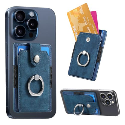 Cell Phone Card Holder with Ring Grip,Adhesive Phone Card Wallet,Blue - color: Blue