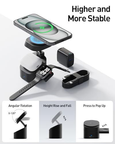iWALK 3-in-1 Magnetic Wireless Charging Stand, 15W Foldable Charger Station for iPhone 16/15/14/13/12, Apple Watch & AirPods, Adjustable Dock with 20W USB-C Adapter - color: black