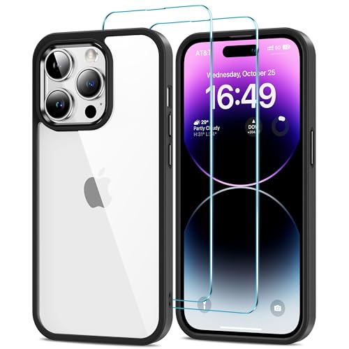HOOMIL Case for iPhone 14 Pro Phone Cover with 2-Pack Tempered Glass Screen Protector, Non-Yellowing, Drop Protection, Anti-Scratch, Transparent, Hard Back - Black Clear - color: Black, size: iPhone 14 Pro