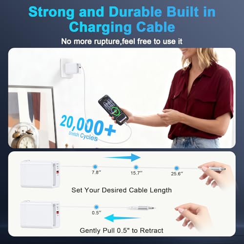 USB C Retractable Wall Charger with Foldable Plug,35W PD&QC Fast Charging Block with 3FT Retractable USB C Cords for iPhone 17 18 Pro Max/17/Air/16/16 Pro/15 Plus/Samsung Galaxy S25/S24/Pixel 10/9/8