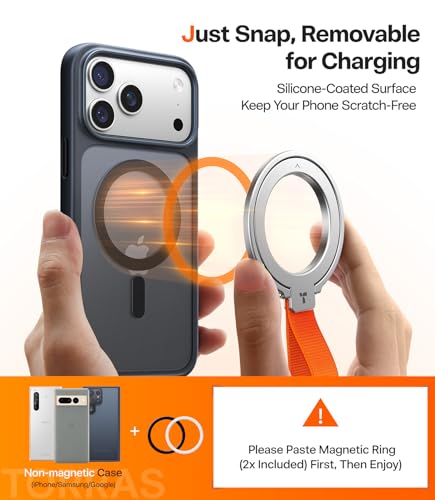 TORRAS (Gen6.0) Magnetic Phone Grip Ring Holder Kickstand, Ostand Ring - color: Silver w/ Braided Strap