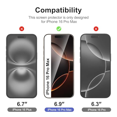 NEW'C 2 Pack for iPhone 16 Pro Max Screen Protector (6.9 inches) + 2 Pack Camera Lens Protector, Sensor Protection, Case Friendly Tempered Glass Film - Easy installation tool included - size: 16 Pro Max 6.9 inches