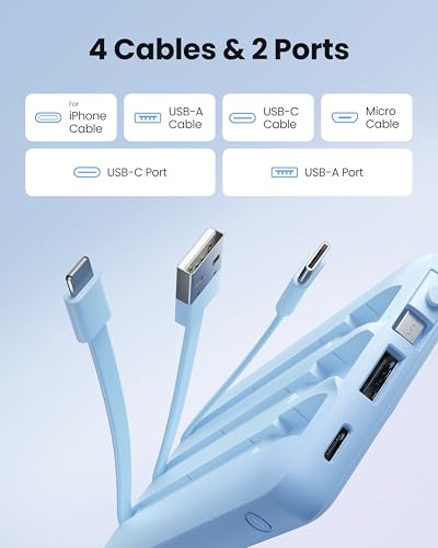 10000mAh Portable Charger, Slim Power Bank with Built-in Cables, Battery Pack 5 Outputs 2 Inputs LED Display Compatible with iPhone/Android & More (Blue) - color: Blue