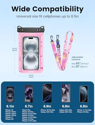 Paul Frank Waterproof Phone Pouch Floating, 2 Pack IPX8 Waterproof Phone Case with Lanyard for iPhone 17 16 15 14 Pro Max Galaxy S25 S24, Cellphone Dry Bag Beach Cruise Ship Essentials(up to 8.5") - color: Pink &Black