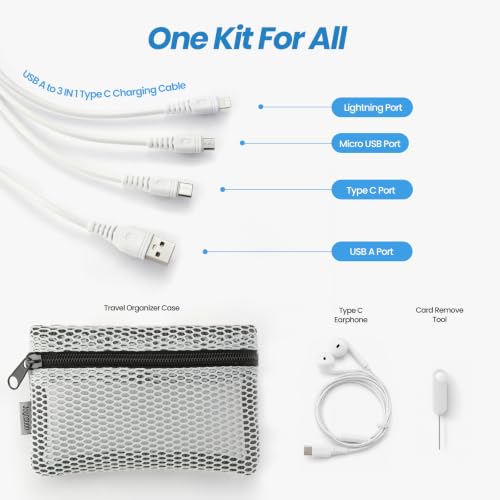USB-C Earbuds Wired Headphone, Multi USB Charging Adapter Cable Kit with 115cm Cable, Portable Storage Pouch, All-in-One Digital Accessory Kit for Travel, iPhone, Android - size: USB A TO Multi-port Cable