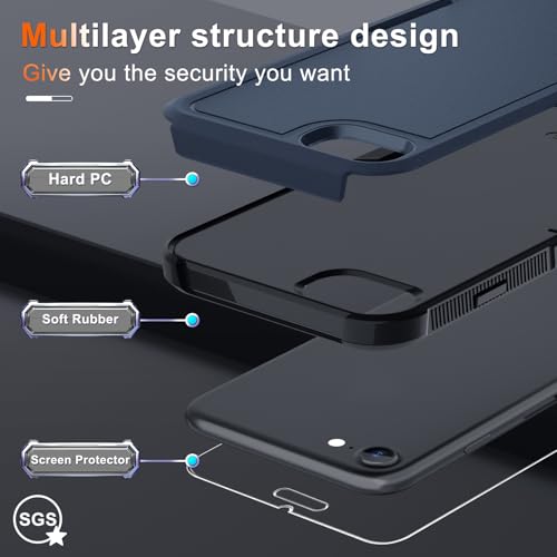 Case for iPhone 8/7/SE 2022 2020, with Screen Protector,Military Grade Heavy Duty Shockproof Phone Cover with Wrist Lanyard Strap for iPhone 8/7/SE 2nd 3rd 4.7 inch,Navy Blue | with Screen Protector+Wrist Lanyard Strap,Heavy Duty Shockproof Case for iPhon