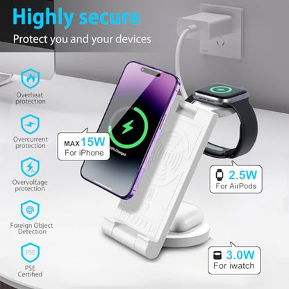 2024 Upgrated Wireless Charger: 3 in 1 Charger Stand Multiple Devices for Apple - iPhone 16 15 14 Pro Max 13 12 11 - Watch 10 9 8 7 6 5 4 3 2 SE and Ultra Series - Airpods 4 3 2 Pro - color: Pure white