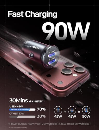 LISEN 90W USB C Car Charger USB C Fast Charge,45W PD&QC3.0 Fast Car Charger - color: Black, size: 1 Pack
