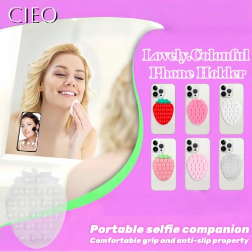CIEO SuctionPhone Grip, Strong Silicone Suction,Strawberry Sticky Grip,Suitable for Selfies and Videos on Mirrors, Bathrooms and Smooth Surfaces, Compatible with iPhone (Strawberry Transparent) - color: Strawberry Transparent