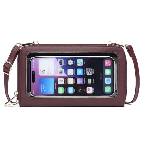 GOIACII Phone Purse Crossbody Bags for Women Small Travel Wallet Touch Screen RFID Blocking - color: C01 Wined-red
