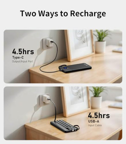 Portable Charger Built in 4 Cables, 10000mAh Power Bank, Black - color: Black