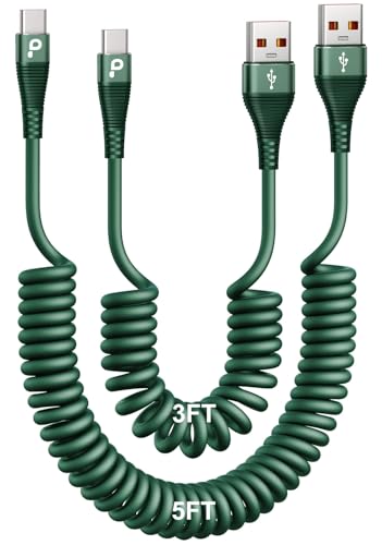 USB C Cable Fast Charging 60W 3FT/5FT, Coiled USB A to USB C Cable for Car - color: Green, size: 3FT/5FT, style: USB A to USB C