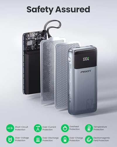 PISEN 3C Certified Power Bank - 20000mAh 67W CCC Power Bank with Built in Cable, Travel Battery Pack Portable 3C Charger with LED Display, 67W Portable Charger with Built in Cable for iPhone, MacBook