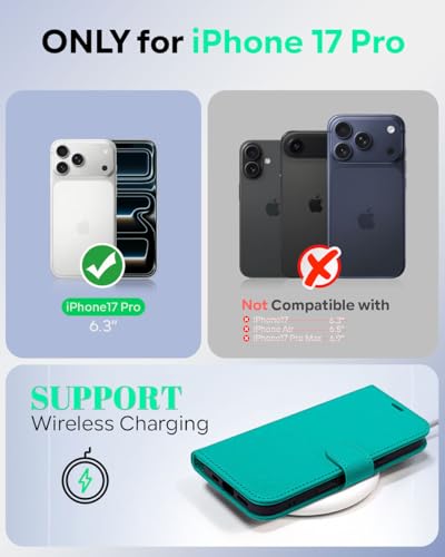 OCASE Compatible with iPhone 17 Pro Wallet Case, PU Leather Flip Folio Case with Card Holders RFID Blocking Kickstand [Shockproof TPU Inner Shell] Phone Cover 6.3 Inch 2025, Blue Green - color: Blue Green