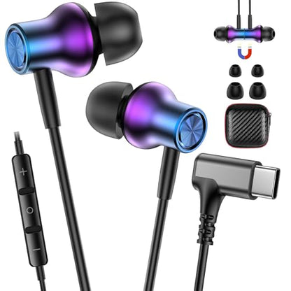 USB C Earbuds for Samsung S26 S25 Wired C Plug Headphones 90° Right Angle