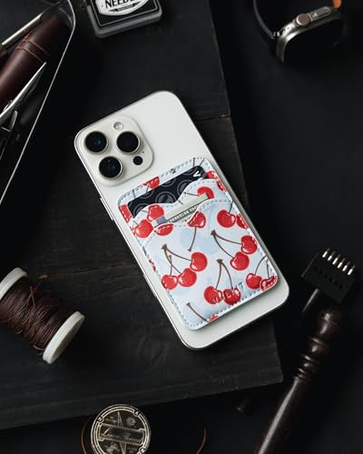 VULKIT Stick on Card Holder Compatible for iphone Leather Cell Phone Wallet Credit Card Case Strong Sticker for Women - color: Cherry Breeze