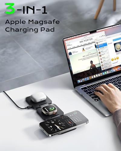 Qi2 Certified 3 in 1 Travel Charger MagSafe Compatible, Foldable Wireless Charger Stand, Mag-Safe 3 in 1 Charging Station,15W Fast Charging for iPhone 18/17/16/15/14/13/12, Apple Watch, AirPods