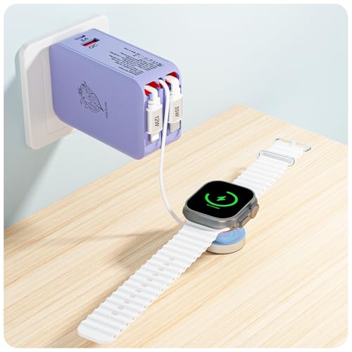 Retractable Apple Watch Charger, 5 in 1 Wall Charger with 3 Retractable Cables for Older iPhones & USB-C Devices, 35W Foldable Charger Block for iPhone 17/16/15/14, iPad, AirPods (Purple) - color: Purple
