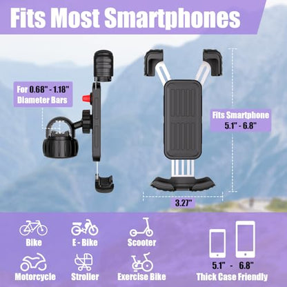 TXV Bike Phone Holder, Motorcycle Phone Mount, 1s Lock | Silicone Protective | Anti-Shock | for iPhone | Samsung | Pixel | 5.1-6.8" Cellphone