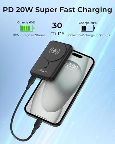 Magnetic Power Bank for iPhone 15/14/13/16/17 Pro Max Wireless Portable Charger for Samsung Android Phone Fast Charging, 10000mAh USB Battery Pack for Heated Vest Clothing, Rechargeable PD QC Qi USB-C