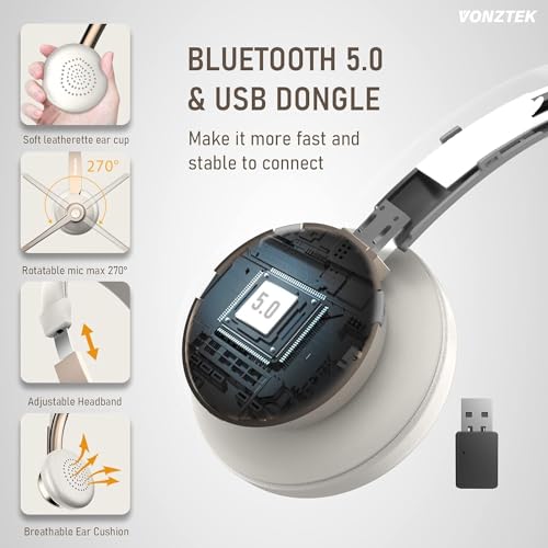 Wireless Headset, Trucker Bluetooth Headset with Microphone Noise Canceling & USB Dongle, 5.0 Wireless Headphones with Mic Mute for Cell Phone PC Computer Work Office Teams Meeting Call