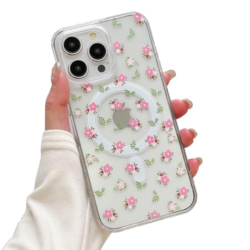 QLTYPRI Magnetic for iPhone 13 Pro Case Compatible with Magsafe, Cute Floral Flower Aesthetic Phone Case Slim Clear Anti-Yellowing Shockproof Phone Cover for Girls Women - Pink White - color: Pink White, size: iPhone 13 Pro