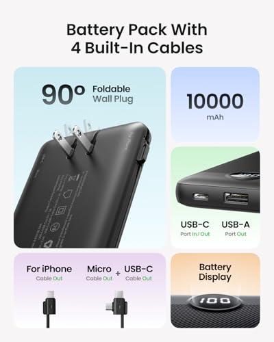 Portable Charger with Wall Plug, Slim USB C Power Bank with Built-in Cables, 10000mah LED Display External Battery Pack Compatible with iPhone/Android & More (Black) - color: Black