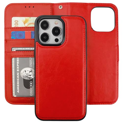 Bocasal Detachable Wallet Case Card Holder for iPhone 15 Pro Max Red | RFID Blocking Kickstand Card Slots Holder PU Leather Magnetic Shockproof Wrist Strap Removable Flip Protective Cover 6.7 inch - color: Red