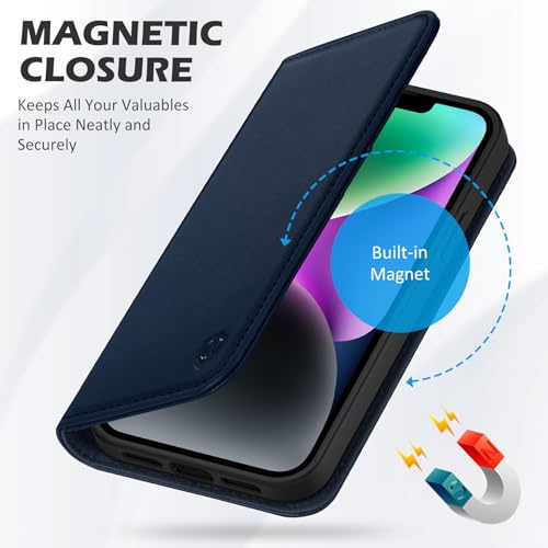 SHIELDON Genuine Leather Case Wallet for iPhone 14 6.1" 2022, Navy Blue | Folio Magnetic Closure, RFID Blocking, Credit Card Holder, Kickstand, Shock Absorbing Protective Cover - color: Navy Blue