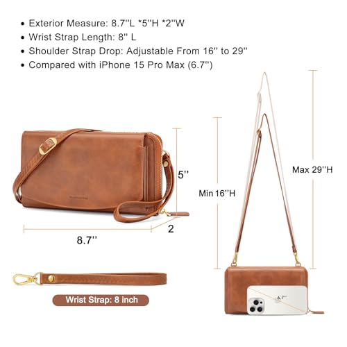 Peacocktion Womens Crossbody Wristlet Wallets with Cell Phone Pocket RFID Vegan Leather Cross Body Purses Travel - color: 02-brown